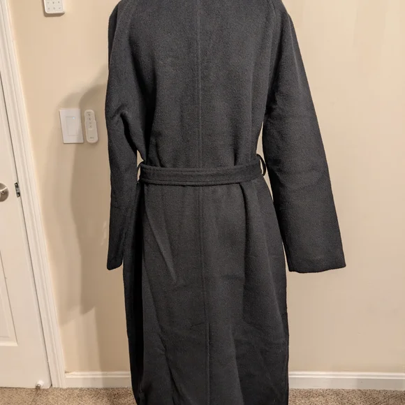 NWOT Quince Women's 100% Camel Hair Double Breasted Long Coat Large Black Belted - Picture 2 of 8
